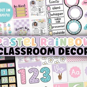 Puede incluir: Decoración de aula arcoíris pastel con varios elementos. Incluye plantillas editables de Canva, calendario, tarjetas numéricas, letras del alfabeto y tablas de niveles de comportamiento. El diseño utiliza colores suaves.
