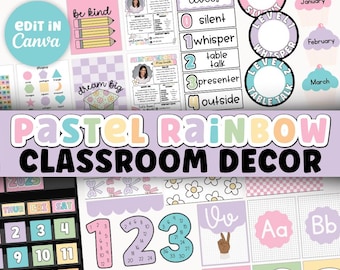 Pastel Rainbow Classroom Decor Bundle | Classroom Theme, Editable Canva Templates, Printable Teacher Decor, Homeschool Classroom