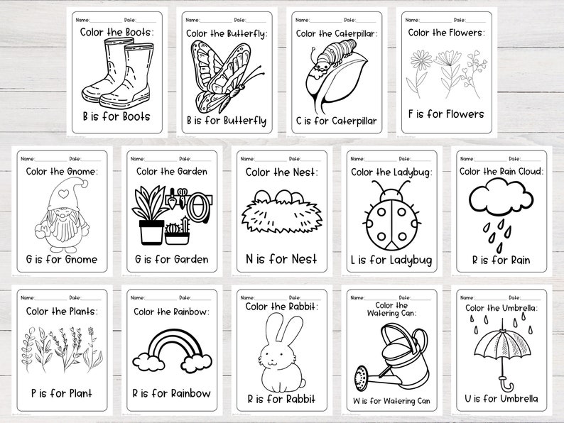 Pode incluir: P&aacute;ginas para colorir em preto e branco para crian&ccedil;as com v&aacute;rios objetos, como botas, uma borboleta, uma lagarta, flores, um gnomo, um jardim, um ninho, uma joaninha, uma nuvem de chuva, plantas, um arco-&iacute;ris, um coelho, um regador e um guarda-chuva. Cada p&aacute;gina inclui o nome do objeto e a letra correspondente do alfabeto.
