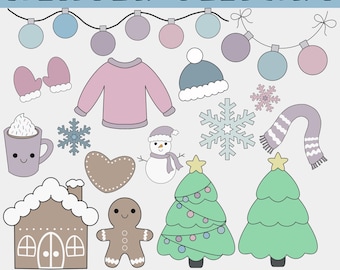 Winter Clipart-Set | Handgezeichnete Winter Graphik | Farb- und Schwarzweiß-PNGs | Schneemann, Handschuhe, Heißer Kakao, Lebkuchen, Ornament Clip Art