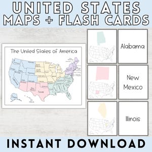 United States of America Flash Cards and Maps, USA Maps and Flash Cards, United States Region Map and Flash Cards, USA Flash Card, 50 States