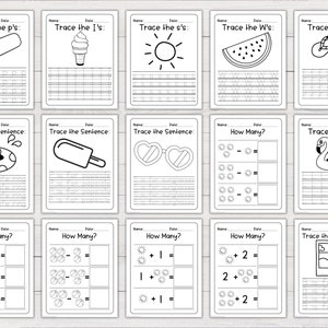 May include: Black and white printable worksheets for kids featuring summer-themed images like popsicles, ice cream cones, flip flops, and sun. The worksheets include tracing letters, counting, and writing sentences.