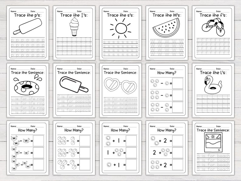 May include: Black and white printable worksheets for kids featuring summer-themed images like popsicles, ice cream cones, flip flops, and sun. The worksheets include tracing letters, counting, and writing sentences.