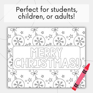 May include: Black and white printable coloring page featuring a repeating pattern of Christmas ornaments with snowflakes and stars. The page also includes the text "Merry Christmas!" in a banner.