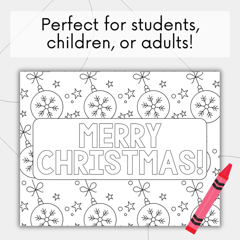 May include: Black and white printable coloring page featuring a repeating pattern of Christmas ornaments with snowflakes and stars. The page also includes the text "Merry Christmas!" in a banner.