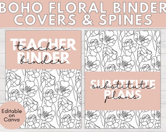 Boho Floral Binder Covers and Spines | Editable Binder Covers, Binder Spines, Printable Binder Covers, Teacher Binder, Back to School, Canva