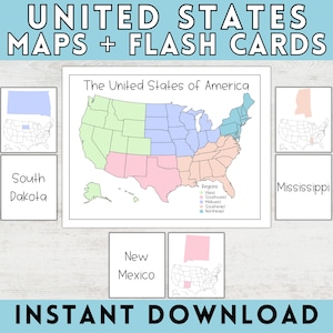 United States of America Flash Cards and Maps, USA Maps and Flash Cards, United States Region Map and Flash Cards, USA Flash Card, 50 States