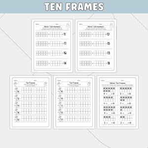 Puede incluir: Cinco hojas de trabajo blancas con el t&iacute;tulo "TEN FRAMES" en la parte superior. Las hojas de trabajo presentan problemas de matem&aacute;ticas con marcos de diez, incluidos ejercicios de suma y reconocimiento de n&uacute;meros. Las hojas est&aacute;n dise&ntilde;adas para fines educativos.