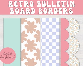 Retro Bulletin Board Borders | Retro Classroom Decor, Groovy Bulletin Board Borders, Back to School, Floral Bulletin Board, Checkered Border