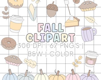 Herbst Doodle Clipart für Daisy Pastell Klassenzimmer | Handgezeichnete Herbst Clip Art in Farbe & Schwarz Weiss | Niedliches Herbst Clipart für Lehrer