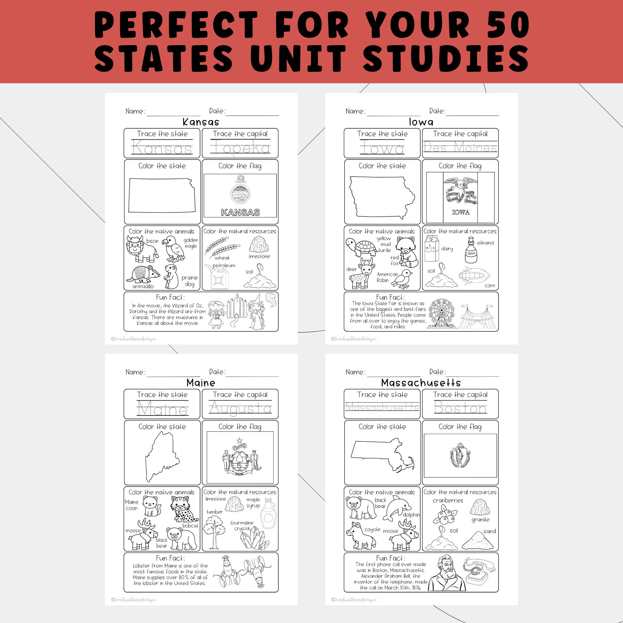 50 States Review Worksheets | Tracing & Coloring Pages, USA Geography ...