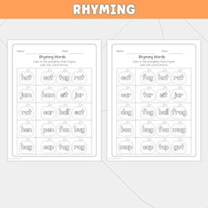May include: Two black and white educational worksheets titled Rhyming Words. Each page features rows of pumpkin outlines containing words like hat, cat, tag, rat, jam, ham, sit, jar, rat, car, ball, sat, hen, pen, fox, bug, bag, cap, tag, rag, dog, fog, box, mug, map, and got.