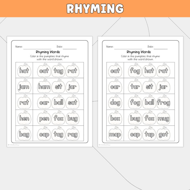 May include: Two black and white educational worksheets titled Rhyming Words. Each page features rows of pumpkin outlines containing words like hat, cat, tag, rat, jam, ham, sit, jar, rat, car, ball, sat, hen, pen, fox, bug, bag, cap, tag, rag, dog, fog, box, mug, map, and got.
