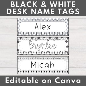 Black and White Desk Name Tags | Editable Desk Name Tags, Classroom Decor, Back to School, Classroom Name Plate, Neutral Classroom, Canva