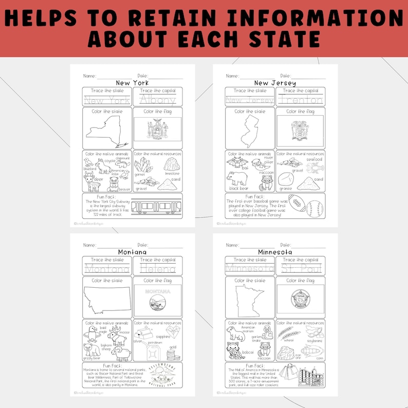 50 States Review Worksheets | Tracing & Coloring Pages, USA Geography ...
