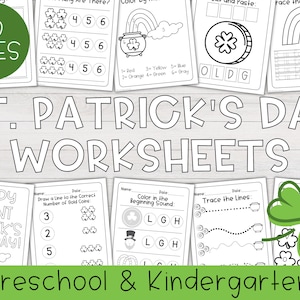 May include: Black and white printable St. Patrick's Day worksheets for preschool and kindergarten. The worksheets include activities such as counting shamrocks, tracing lines, and colouring.