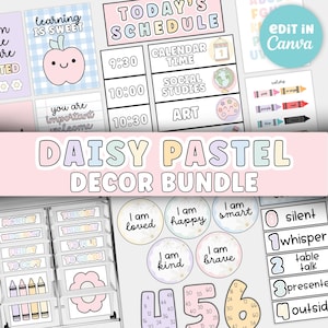 Może przedstawiać: Zestaw dekoracji klasy w pastelowych kolorach z napisem "Daisy Pastel Decor Bundle". Zawiera harmonogramy, kalendarze i motywacyjne materiały do druku. Zawiera grafikę jabłka, tabele kolorów i okręgi z pozytywnymi afirmacjami.
