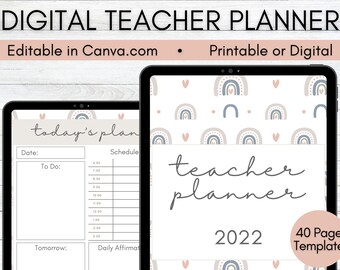May include: A digital teacher planner template with a pastel rainbow and heart pattern. The planner includes sections for "today's plan", "to do", "schedule", "tomorrow", and "daily affirmations". The text "teacher planner 2022" is displayed on the cover. The template is 40 pages long.