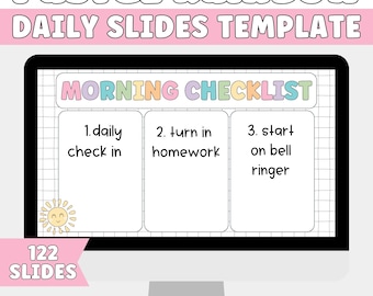 May include: A digital PowerPoint template with a pastel rainbow theme. The screen displays a "Morning Checklist" with sections for daily check-in, homework, and bell ringer. The template includes 122 slides.