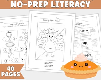 Thanksgiving No Prep Literacy Worksheets for Kindergarten | Fall Reading & Writing Activities | Letter Recognition, CVC Words, Sight Words