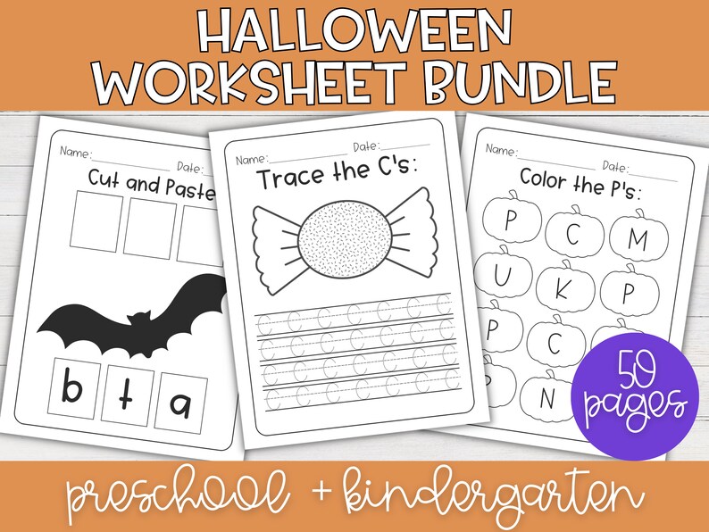 May include: A set of 59 printable Halloween worksheets for preschool and kindergarten. The worksheets include activities such as tracing letters, colouring, and cutting and pasting. The worksheets feature Halloween themes such as bats, candy, and pumpkins.