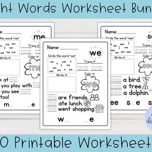 May include: Black and white printable worksheets for learning sight words. The words "me", "we", and "see" are featured on the worksheets. Each worksheet includes activities such as tracing, circling, writing, and coloring.