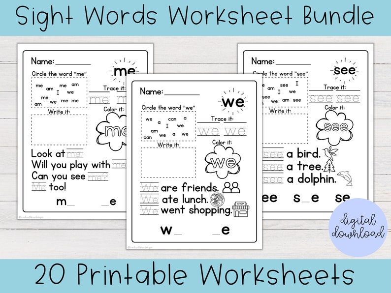 May include: Black and white printable worksheets for learning sight words. The words "me", "we", and "see" are featured on the worksheets. Each worksheet includes activities such as tracing, circling, writing, and coloring.