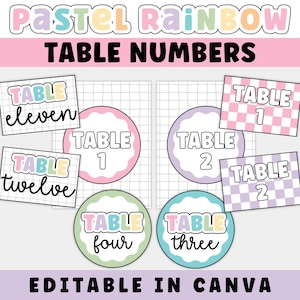 Pode incluir: Números de mesa em arco-íris pastel com a palavra "TABLE" e números ou palavras como "onze" e "três". O design inclui círculos e retângulos em cores pastel. O texto "EDITABLE IN CANVA" também está presente.