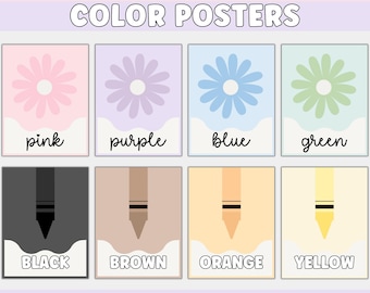 Printable Color Posters for Daisy Pastel Classroom Decor, Educational Wall Art for Kids, Rainbow Color Posters, Homeschool Classroom Decor