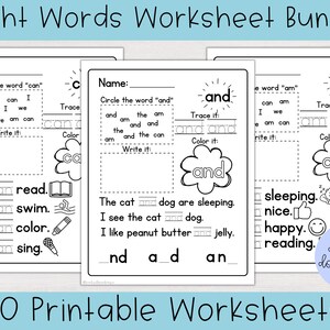 May include: Black and white printable sight word worksheets for kids. The worksheets feature the words "can", "and", and "am".  The worksheets include tracing, writing, and coloring activities.  The text "20 Printable Worksheets" is at the bottom of the image.