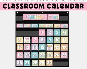 Calendario de aula imprimible para bolsillo o flip calendar / Tarjetas de calendario con decoración de arcoíris pastel para el aula, descarga digital para docentes