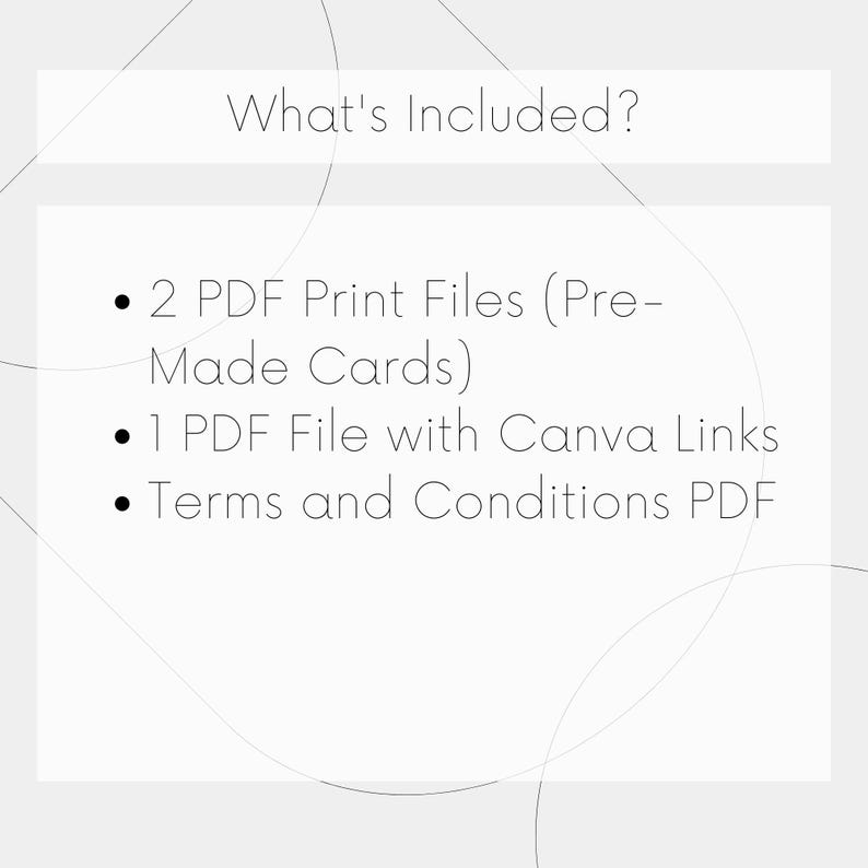 Puede incluir: Gr&aacute;fico gris claro con el texto "&iquest;Qu&eacute; est&aacute; incluido?" y vi&ntilde;etas que enumeran: 2 archivos de impresi&oacute;n PDF, 1 archivo PDF con enlaces de Canva y PDF de t&eacute;rminos y condiciones. El texto est&aacute; en una fuente limpia y moderna.