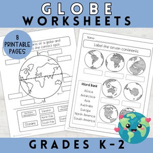 May include: Black and white printable worksheets for kids to learn about the globe. The worksheets include a globe with continents, hemispheres, and the equator. There is also a word bank with the names of the seven continents. The worksheets are designed for grades K-2.