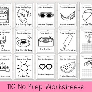 May include: Black and white printable worksheets for kids to color and trace letters. The worksheets feature summer-themed images like a beach ball, flip flops, ice cream, and a popsicle. The text on the worksheets says "Color the Beach", "Color the Flip Flops", "Color the Goggles", "Color the Hammock", "Color the Beach Ball", "Color the Ice Cream", "Color the Life Ring", "Color the Pool", "Color the Popsicle", "Trace the B's", "Color the Sandcastle", "Color the Sun", "Color the Sunglasses", "Color the Watermelon", and "Trace the F's".