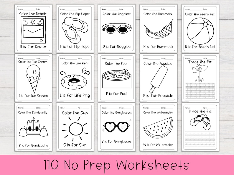May include: Black and white printable worksheets for kids to color and trace letters. The worksheets feature summer-themed images like a beach ball, flip flops, ice cream, and a popsicle. The text on the worksheets says "Color the Beach", "Color the Flip Flops", "Color the Goggles", "Color the Hammock", "Color the Beach Ball", "Color the Ice Cream", "Color the Life Ring", "Color the Pool", "Color the Popsicle", "Trace the B's", "Color the Sandcastle", "Color the Sun", "Color the Sunglasses", "Color the Watermelon", and "Trace the F's".