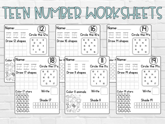 teen number worksheets 10 20 printable worksheets teacher etsy