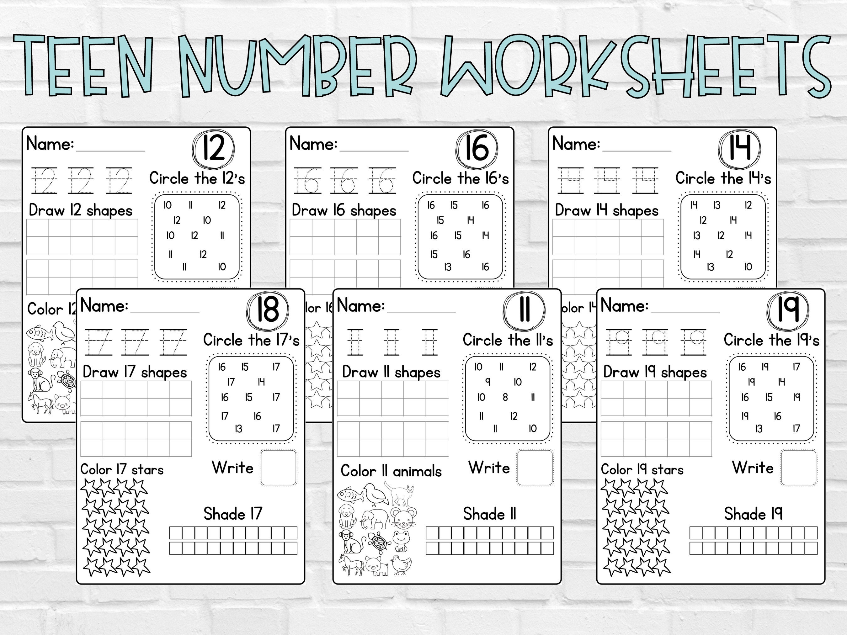 teen number worksheets 10 20 printable etsy