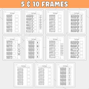 May include: A collection of eleven black and white educational worksheets titled 5 & 10 FRAMES. Each page features rows of five or ten rectangular frames with circular dots inside, accompanied by empty boxes for writing numbers or cutting and pasting.