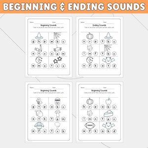 May include: Four black and white educational worksheets titled Beginning & Ending Sounds. Each page features rows of line-art illustrations of items like pumpkins, spiders, and bats, with multiple-choice letters below each for phonics practice.