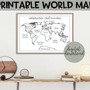 Druckbare Weltkarte | Schwarzweiße Weltkarte, Kontinente und Ozeane, Malblatt, Geographie Arbeitsblatt, Weltkarte Druck, minimalistisch