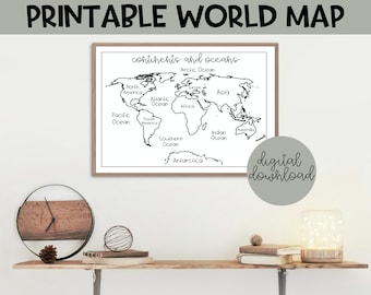 Mapa mundial para impressão | Mapa-múndi em preto e branco, folha para colorir de continentes e oceanos, planilha de geografia, impressão de mapa-múndi, minimalista