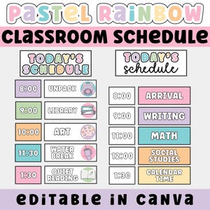 Horaire de classe imprimable et modifiable, décoration de salle de classe pastel arc-en-ciel, cartes de routine quotidienne pour les enseignants, horaire visuel pour la salle de classe