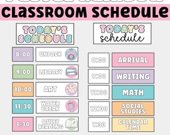 Horario de clase imprimible y editable, decoración de aula con arcoíris pastel, tarjetas de rutina diaria para profesores, horario visual para el aula.