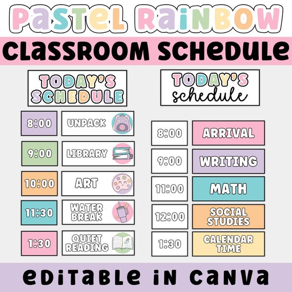 Printable & Editable Classroom Schedule, Pastel Rainbow Classroom Decor, Daily Routine Cards for Teachers, Visual Schedule for Classroom