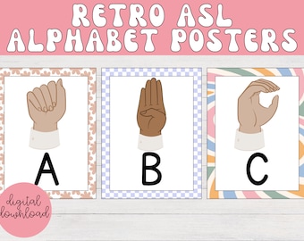 American Sign Language Alphabet Posters | Retro Classroom Decor, ASL Posters, ABC Posters, Groovy Classroom Decor, Bulletin Boards, Wall Art