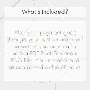 May include: Text on a white background with a gray pattern. The text reads: "What's Included?" After your payment goes through, your custom order will be sent to you via email in both a PDF Print File and a PNG File. Your order should be completed within 48 hours.
