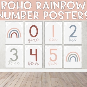 Boho Rainbow Number Posters | Classroom Decor, Classroom Posters, Printable Wall Art, Number Posters, Boho Classroom, Polka Dots, Nursery
