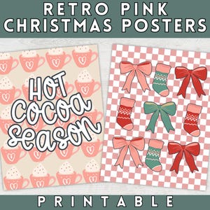 Pósteres navideños retro para el aula, pósteres navideños imprimibles para el aula retro, lazo navideño, pósteres navideños rosas, póster de invierno