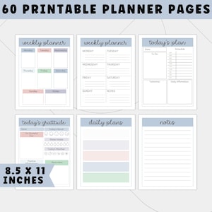 May include: A set of 60 printable planner pages with a light blue header. The pages include weekly, daily, and gratitude sections, with space for notes and plans. The pages measure 8.5 x 11 inches.