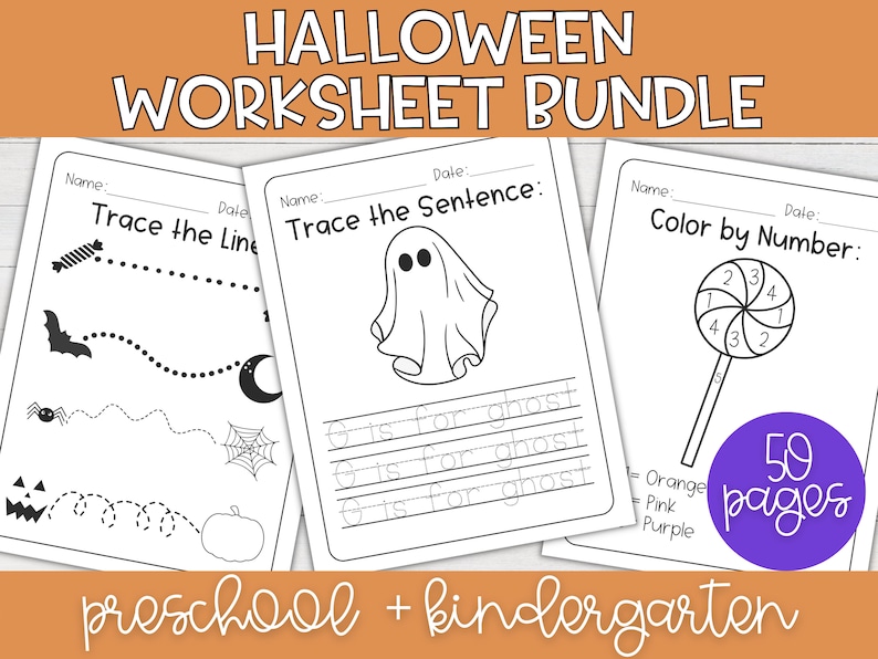 May include: A set of 59 Halloween-themed worksheets for preschool and kindergarten. The worksheets include activities such as tracing lines, tracing sentences, and colouring by number. The worksheets feature images of a ghost, a lollipop, a spider, a pumpkin, and a bat.